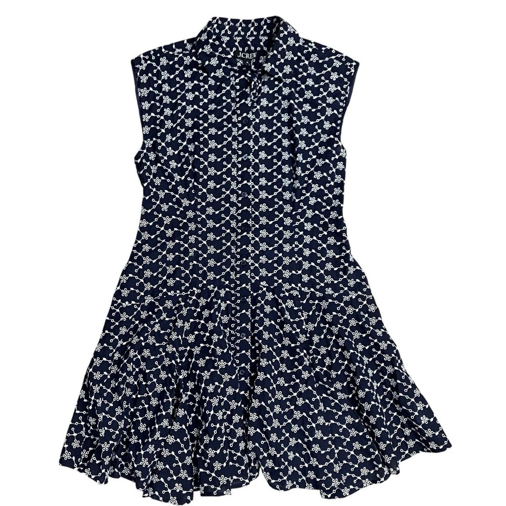 J Crew Mini Eyelet Shirt Dress Womens 10 Navy Blue Sleeveless Button Front Godet - Picture 2 of 13